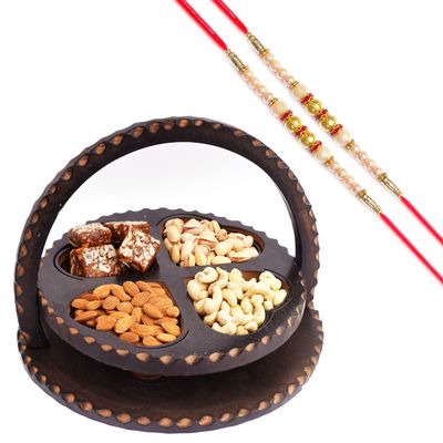 Ghasitaram Gifts Rakhi Gifts for Brothers Dryfruit - Foldable Basket of Cashews, Almonds, Pistachios, Sugarfree Bites with 2 Pearl Rakhis
