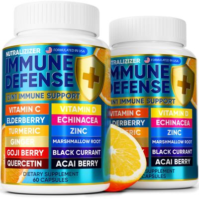 12 in 1 Immune Defense Vitamins - Immune Support Supplement w/VIT D3, Vitamin , Zin, Echinacea, Elderberry, Ginger &More - Natural Immunity System Booster - Immune & Muscle Health 120cs