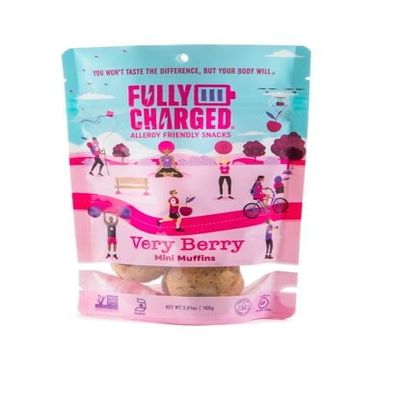 Fully Charged Allergy-Friendly Snacks | Very Berry (Cranberries, Blueberries, & Cherries) Mini Muffins Snack Cakes | Gluten-Free | Top 14 Food Allergen-Free | No High Fructose Corn Syrup | Peanut & Tree Nut Free (contains Coconut) | Wheat, Egg, Soy,