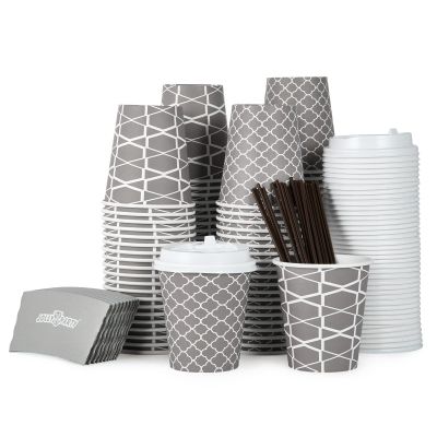 JOLLY PARTY [100 Sets] 10 oz Paper Coffee Cups, Disposable Coffee Cups with Lids, Sleeves and Straws, Hot Cold Beverage Drinking Cup for Water or Tea, To-Go Cups Suitable for Office and Travel