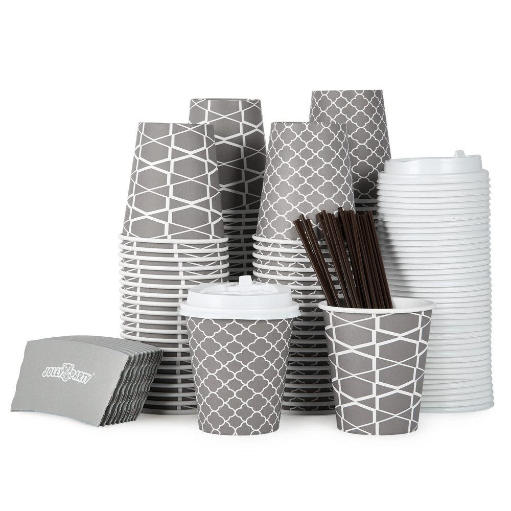 JOLLY PARTY [100 Sets] 10 oz Paper Coffee Cups, Disposable Coffee Cups with Lids, Sleeves and Straws, Hot Cold Beverage Drinking Cup for Water or Tea, To-Go Cups Suitable for Office and Travel
