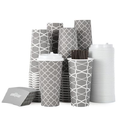 JOLLY PARTY [100 Sets] 20 oz Paper Coffee Cups, Disposable Coffee Cups with Lids,Sleeves and Straws, Hot Cold Beverage Drinking Cup for Water, Coffee or Tea, To-Go Cup Suitable for Office and Travel
