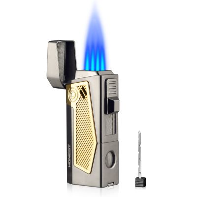 cgaplus Cigar Torch Lighter with Cigar Stand on Top Four Jet Flame Butane Refillable Cigar Lighter with Punch(Black)
