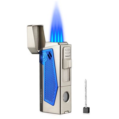 cgaplus Cigar Torch Lighter with Cigar Stand on Top Four Jet Flame Butane Refillable Cigar Lighter with Punch(Grey)