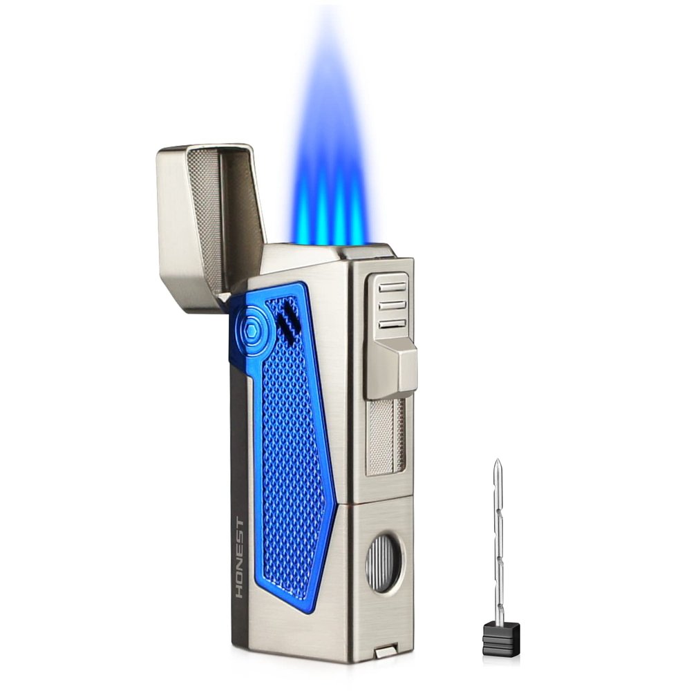 cgaplus Cigar Torch Lighter with Cigar Stand on Top Four Jet Flame Butane Refillable Cigar Lighter with Punch(Grey)