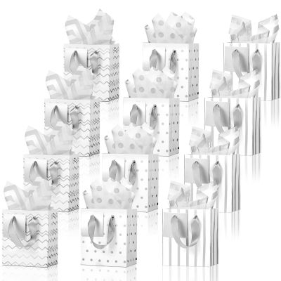 Tenare 12 Pcs Small Gift Bags Mini Metallic Paper Bag Bulk Tiny with Handle Tissue Paper for Gift Wrapping Happy Valentines Day Chinese New Year Birthday Party(7 x 4 x 9 Inch,White Silver)