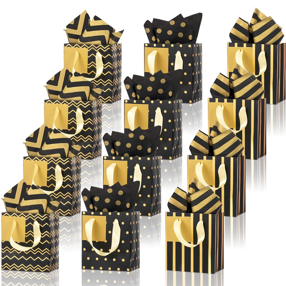 Tenare 12 Pcs Small Gift Bags Mini Metallic Paper Bag Bulk Tiny with Handle Tissue Paper for Gift Wrapping Happy Valentines Day Chinese New Year Birthday Party(7 x 4 x 9 Inch,Black Gold)