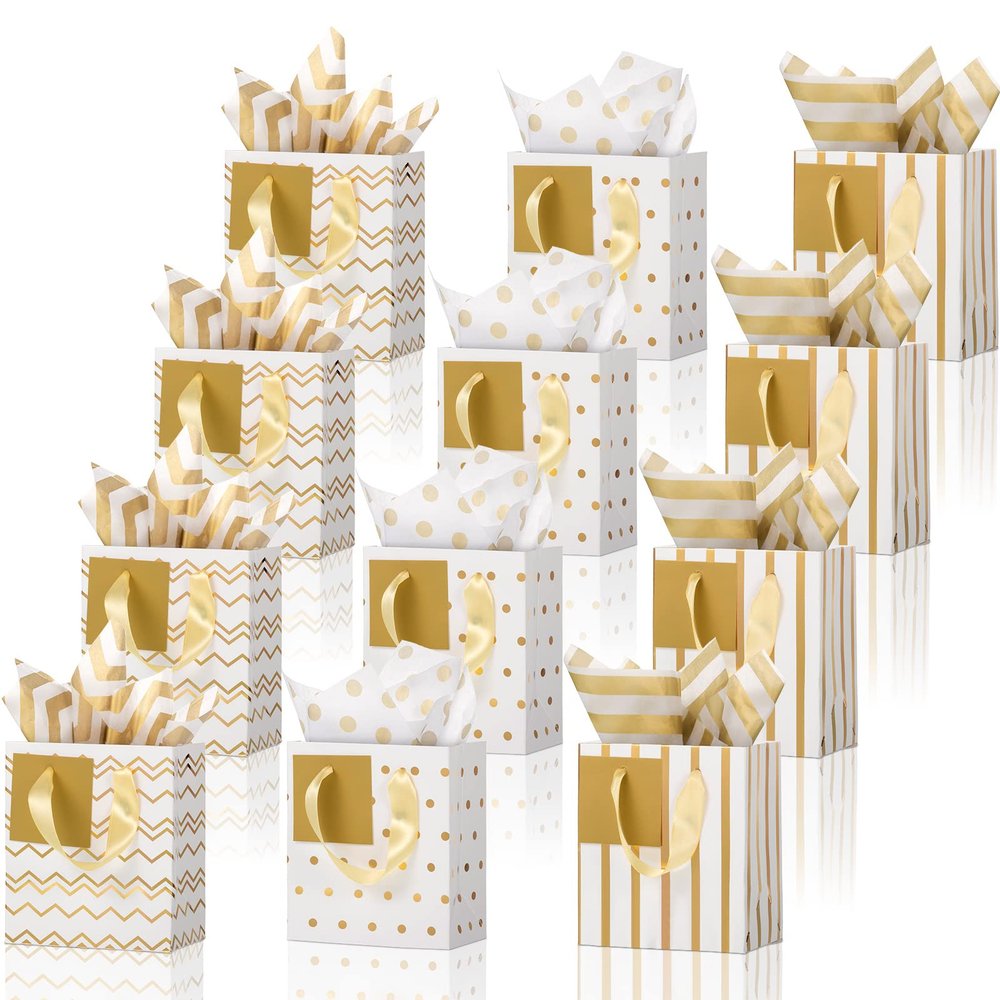 Tenare 12 Pcs Small Gift Bags Mini Metallic Paper Bag Bulk Tiny with Handle Tissue Paper for Gift Wrapping Happy Valentines Day Chinese New Year Birthday Party(7 x 4 x 9 Inch,White Gold)