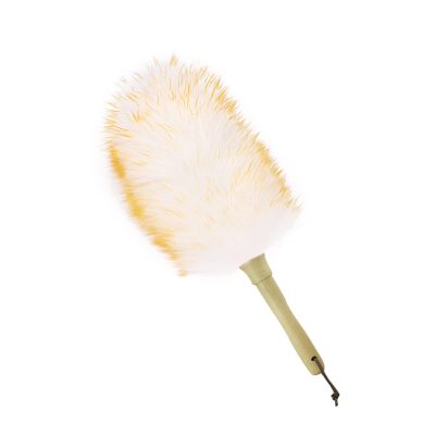 iHUFeather Lambswool Duster 14'' Length Solid Wooden Handle Leather Hang Strap for Cleaning Ceiling Fans Window Blinds Computer Furniture Figurines TV Natural Feather Duster,Yellow+White