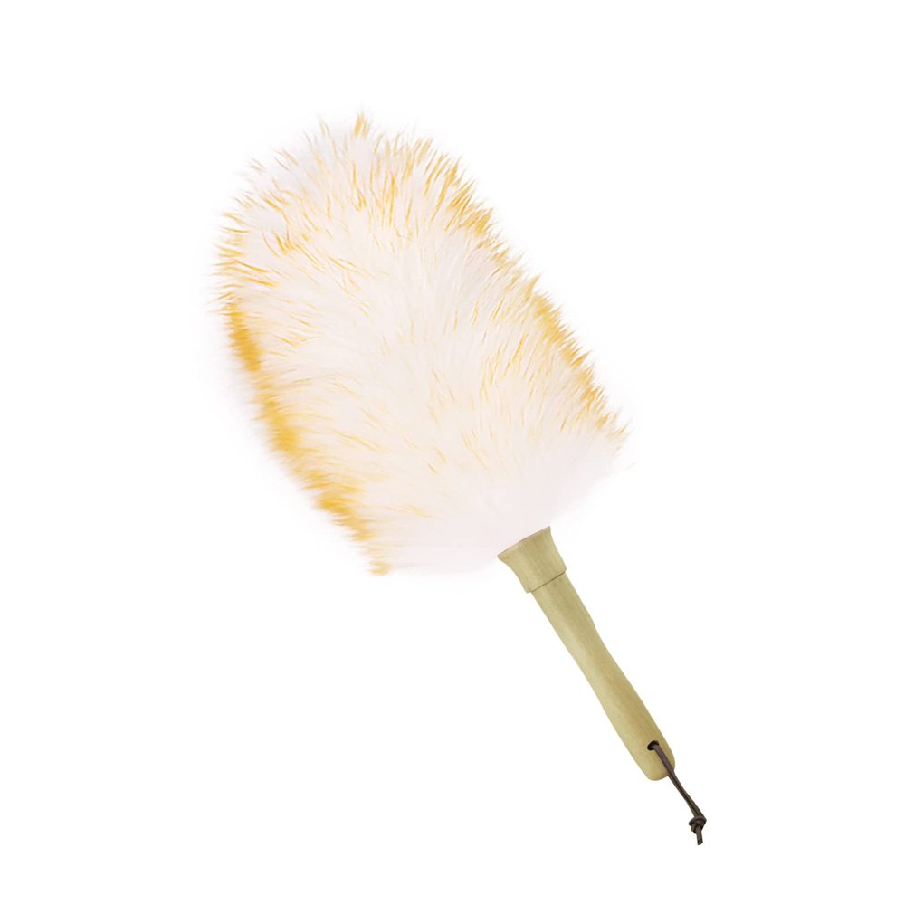 iHUFeather Lambswool Duster 14'' Length Solid Wooden Handle Leather Hang Strap for Cleaning Ceiling Fans Window Blinds Computer Furniture Figurines TV Natural Feather Duster,Yellow+White