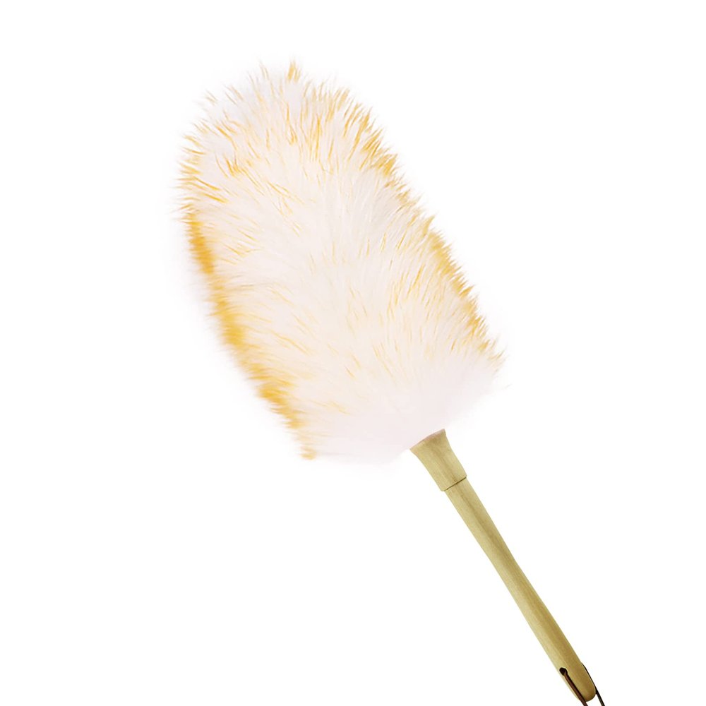 iHUFeather Lambs Wool Duster for Cleaning Window Blinds Computer Furniture TV Computer Screens Bookshelves Solid Wooden Handle Natural Feather Duster,16'', Yellow&White