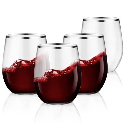 SUT 32 Pack 12oz Silver Rimmed Plastic Wine Glasses Stemless, Disposable Wine Cups with Premium Quality, Reusable, Unbreakable, Crystal, Shatterproof and BPA-Free, Perfect for Party, Wedding, Picnic