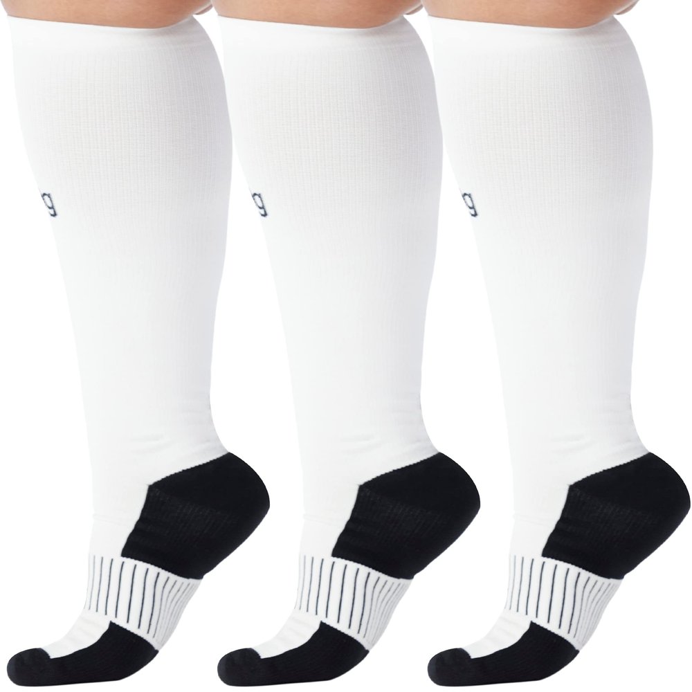 (3 Pack) MMHG Compression Socks Women & Men 20-30 mmHg for Nursing Sports Running Athletics Travel Flight Work - Unisex Knee High Support Stocking - White, Medium