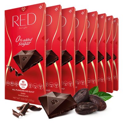 Red Delight Dark Chocolate Bars - 3.53 oz, Pack of 8 - European Vegan- Low Carb, Kosher, No Added Sugar, Gluten-Free, Smooth, Creamy, Keto-Friendly, Guilt-Free Snack