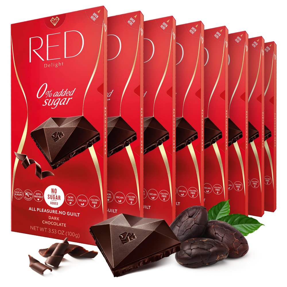 Red Delight Dark Chocolate Bars - 3.53 oz, Pack of 8 - European Vegan- Low Carb, Kosher, No Added Sugar, Gluten-Free, Smooth, Creamy, Keto-Friendly, Guilt-Free Snack