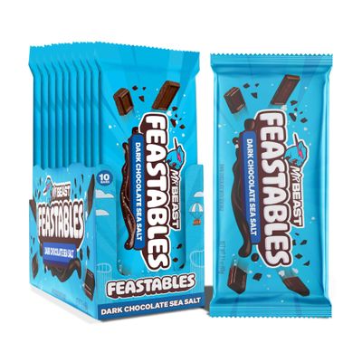 Feastables MrBeast Dark Chocolate with Sea Salt Chocolate Bar, King Size Candy Bar for Adults & Kids, Candy Bars for Snacks, Gifts, & Dessert, Sweet & Creamy Fairtrade Cocoa, 2.1 Oz Each, 10 Count