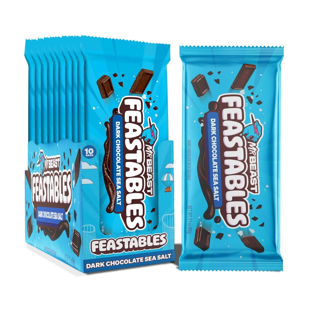 Feastables MrBeast Dark Chocolate with Sea Salt Chocolate Bar, King Size Candy Bar for Adults & Kids, Candy Bars for Snacks, Gifts, & Dessert, Sweet & Creamy Fairtrade Cocoa, 2.1 Oz Each, 10 Count