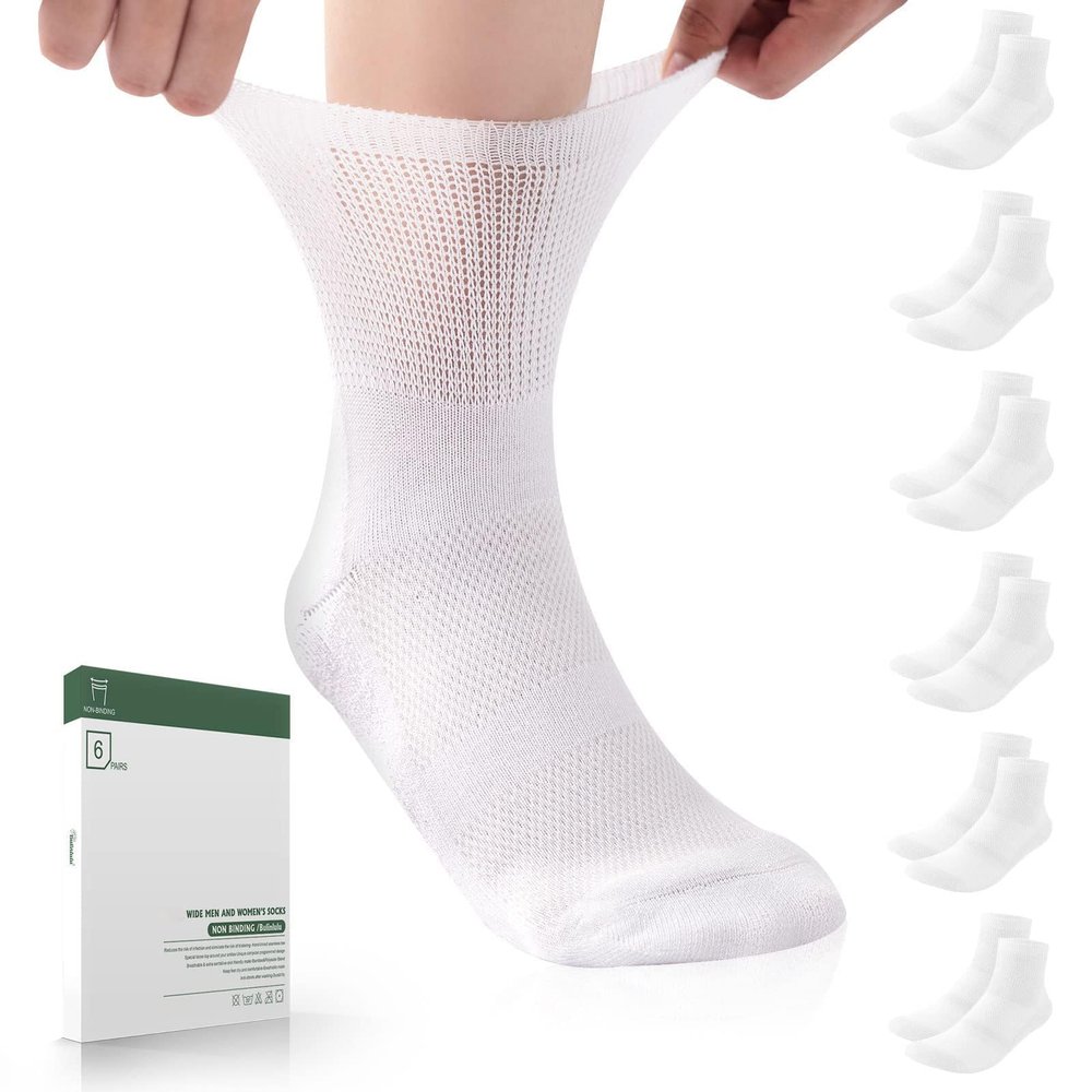 Bulinlulu Diabetic Socks for Women Men,6 Pairs Non Binding Diabetic Ankle Wide Socks with Seamless Toe 6-9 9-11 13-15(Large,White-6 Pairs)