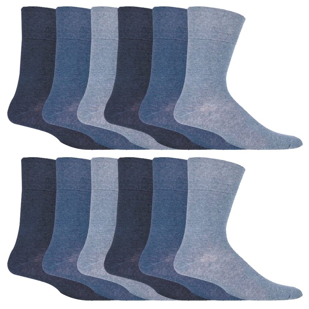IOMI - 12 Pair Multipack Mens Gentle Grip Non Binding Crew Diabetic Socks (13-15, Blue)