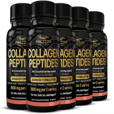 FREZZOR Collagen Peptides with UAF1000+, 100% Grass-Fed New Zealand Cattle Source, Hydrolyzed, Joint, Skin, Hair & Nail Support, Amino Acids, Anti-Aging, 450 Capsules, 5 Bottles