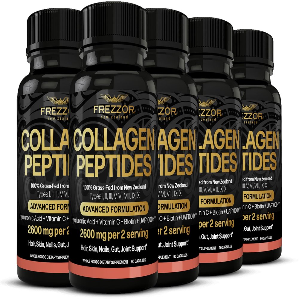 FREZZOR Collagen Peptides with UAF1000+, 100% Grass-Fed New Zealand Cattle Source, Hydrolyzed, Joint, Skin, Hair & Nail Support, Amino Acids, Anti-Aging, 450 Capsules, 5 Bottles