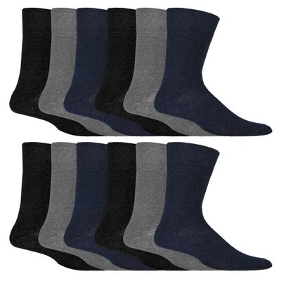 IOMI - 12 Pair Multipack Mens Gentle Grip Non Binding Crew Diabetic Socks (13-15, Black/Navy/Grey)