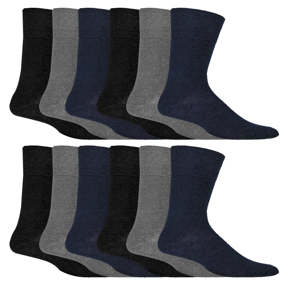 IOMI - 12 Pair Multipack Mens Gentle Grip Non Binding Crew Diabetic Socks (13-15, Black/Navy/Grey)