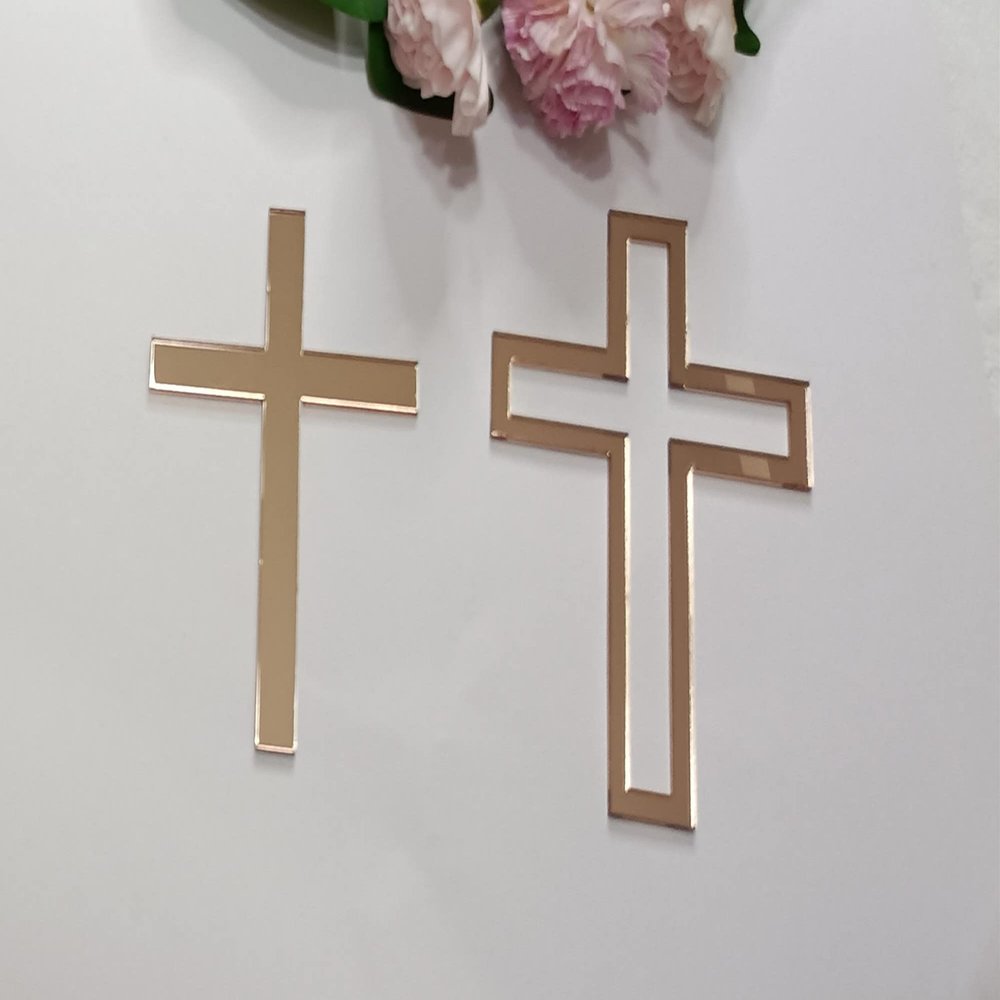 16pcs of Acrylic Cross Cake Topper, Cross Cake Charm for Baptism, Christening, Holy Communion Cake (6'', Rose Gold Mirror)