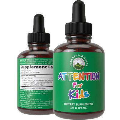 Kids Focus Drops. Attention Deficit Liquid Supplement for Concentration, Attention, Brain, Memory. No Bitter Taste. Natural Non-Habit Forming Sugar Free 7-in-1 Vegan Nootropic for Children, Teenagers
