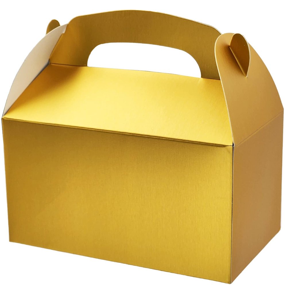 Gable Treat Boxes, Goodies Favor Box for Kids Birthday, Candy Boxes Party Favors, Weddings Events, Baby Shower, 6.25" x 3.5" x 3.5" Inch Box (Gold Treat Box, 12-Pack)
