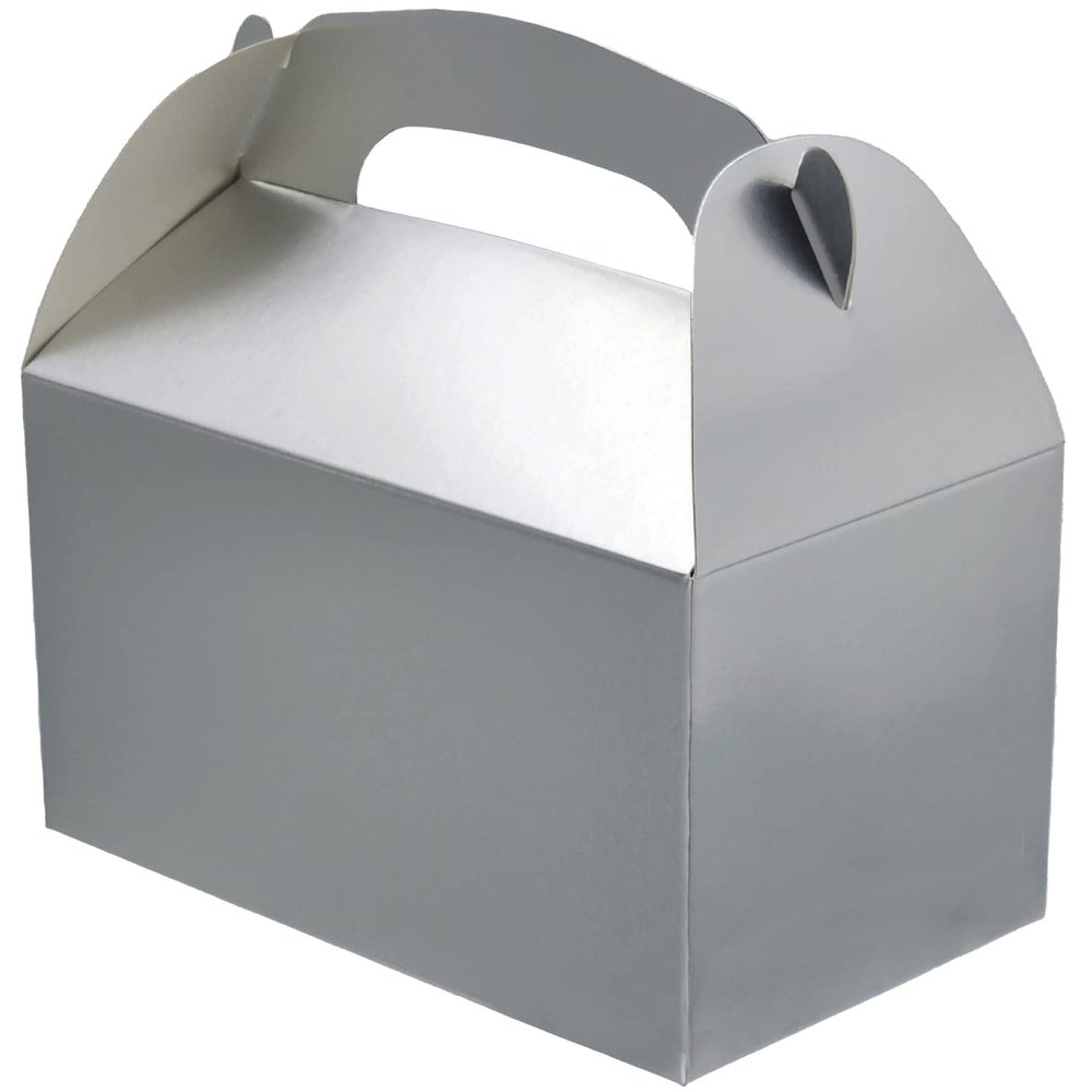 Gable Treat Boxes, Goodies Favor Box for Kids Birthday, Candy Boxes Party Favors, Weddings Events, Baby Shower, 6.25" x 3.5" x 3.5" Inch Box (Silver Treat Box, 12-Pack)