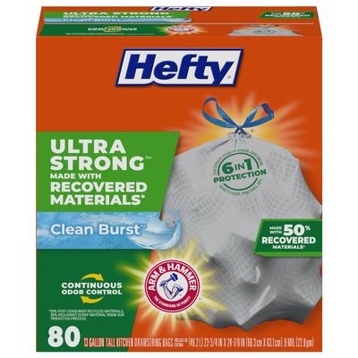 Hefty Ultra Strong Made with 50% Recovered Materials* Tall Kitchen Trash Bags, Gray, Clean Burst, 13 Gallon, 80 Count