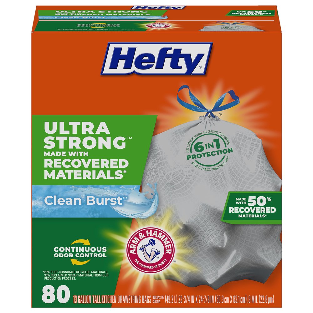 Hefty Ultra Strong Made with 50% Recovered Materials* Tall Kitchen Trash Bags, Gray, Clean Burst, 13 Gallon, 80 Count