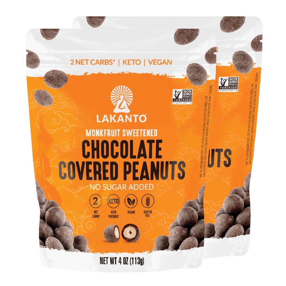 Lakanto Chocolate Covered Peanuts - Sweetened with Monk Fruit Sweetener, Keto Diet Friendly, On the Go Healthy Snack, Vegan, Dark Chocolate, Sea Salt, Cocoa Butter (Peanuts - Pack of 2)