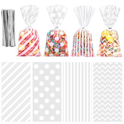 Aneco 100 Pack White Cellophane Plastic 10.6 x 5.1 Inch Candy Gift Goodie with Twist Ties for Valentine, Birthday, Gift Cookie Snack Packing Party Favor Supplies
