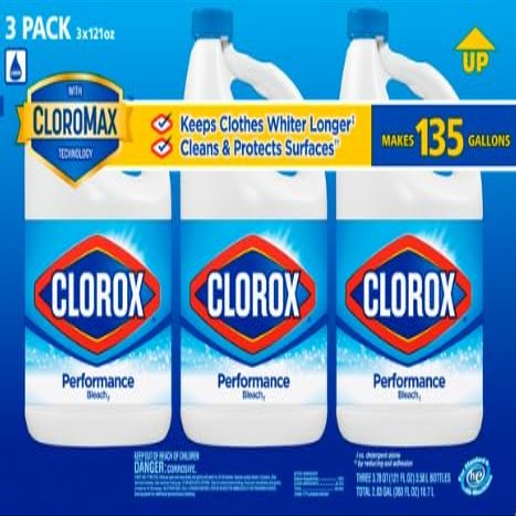 Clorox Bleach Liquid Cleaner for Laundry and Bathroom, HE Performance Bleach, 121 oz. Bottle 3 Pack, Wholesalehome Reusable Cleaning Glove and Cloth Included, unscented