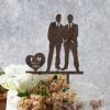 Gay Cake Topper Grooms Wedding Silhouette Two Groom Same Sex Rustic Cake Topper with Heart Love Personalized LGBTQ Gay Wedding Cake Topper His And His Wedding Decor Topper LGBT Wood Brown Topper view 2