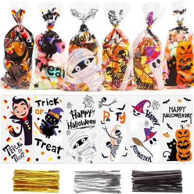Suloli Halloween Cellophane Treat Bags - 120pcs Clear Candy Bags with Pumpkin, Ghost Designs and 150 Twist Ties for Kids' Trick or Treat Party Favors