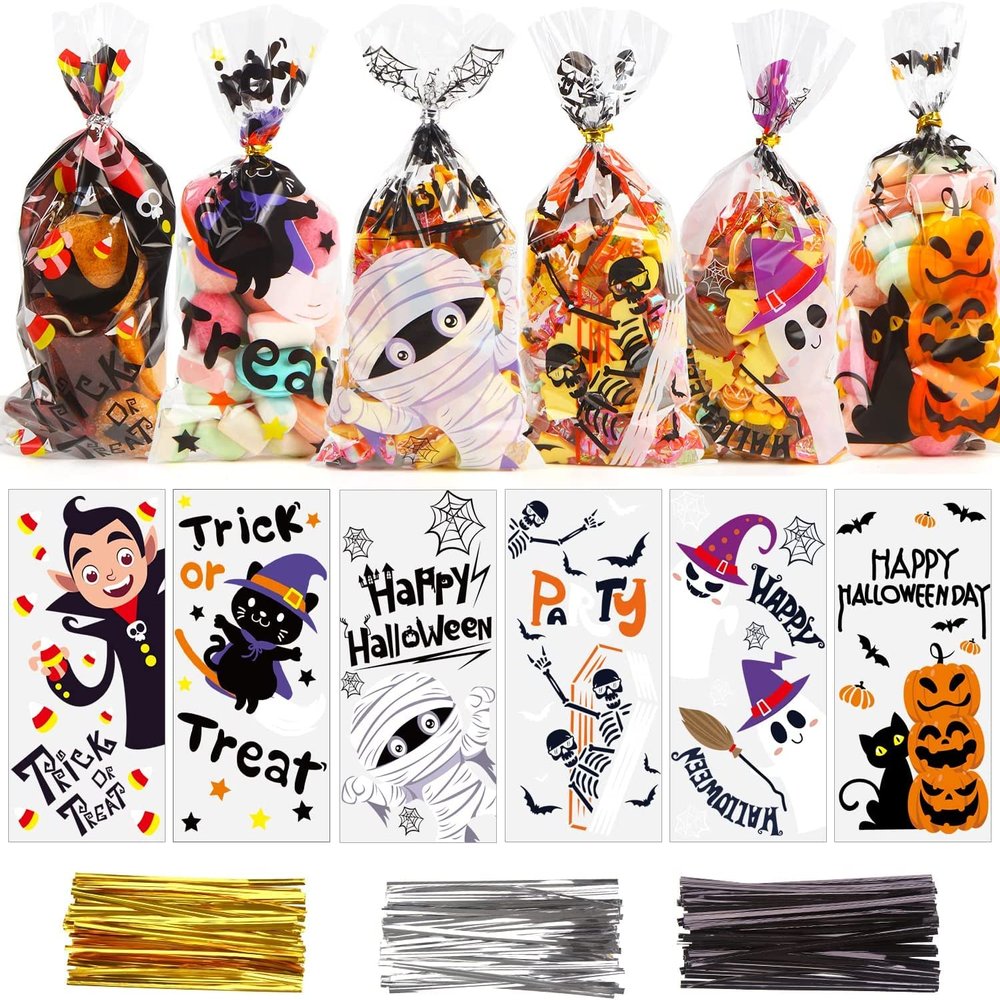 Suloli Halloween Cellophane Treat Bags - 120pcs Clear Candy Bags with Pumpkin, Ghost Designs and 150 Twist Ties for Kids' Trick or Treat Party Favors
