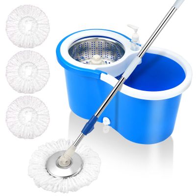 Spin Mop Bucket System, 360 Spin Floor Cleaning Mop Bucket with 3 Microfiber Replacement Head Refills Telescoping Handle for House Cleaning