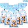 Pajean 100 Pack Bear Baby Shower Treat Bags Bear Cellophane Bulk Plastic Goodie Candy Gift Bags with Metallic Twist Ties for Gender Reveal Birthday Party Favors(Blue) view 3