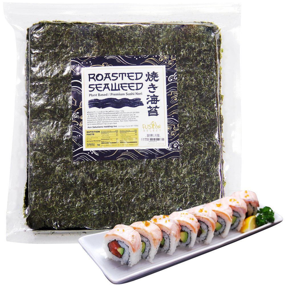 Fusion Select 50 Full Sheet Roasted Seaweed Sheets for Sushi Rolls - Japanese Nori Sheets For Sushi, California Roll, Onigiri, Musubi, Maki, Bento, Dried Seaweed Snack - Full Sheets of Yaki Nori
