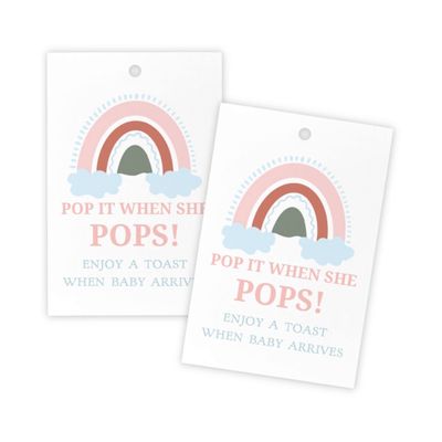 Pop It When She Pops Champagne Tag | 30 Pack | 2 x 3 inch Card Size | Baby Shower Party Favor Tag | Clouds and Rainbow Design