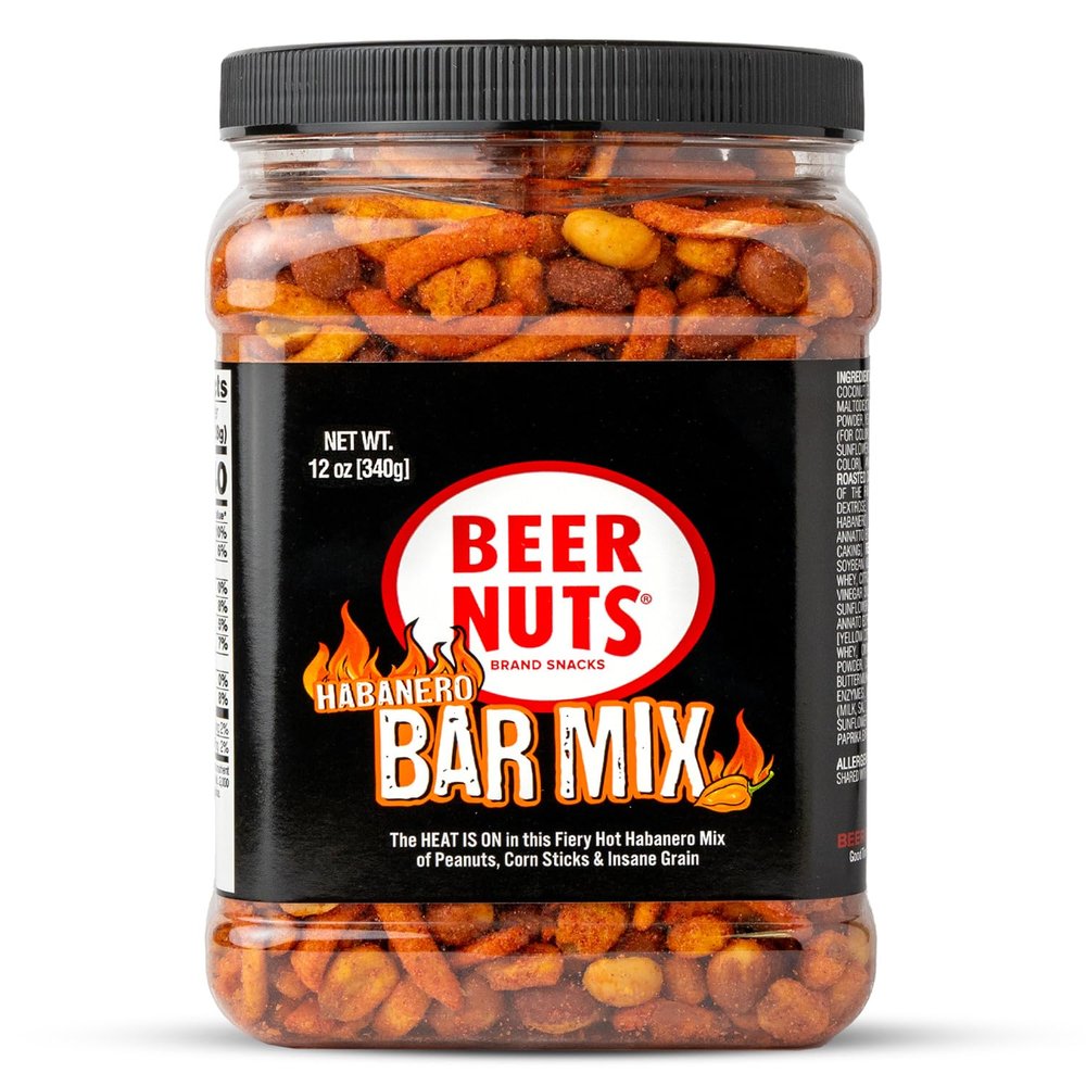 Beer Nuts Habanero Bar Mix, Fiery Hot Habanero Mix Of Peanuts, Corn Sticks & Insane Grain, Spicy Bar Mix for Any Party, Resealable Jar (12oz, Habenero)