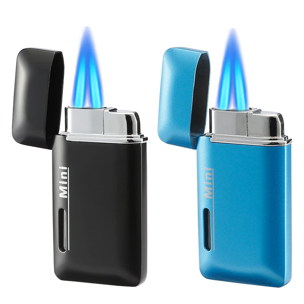 Cponmist 2 Pack Mini Butane Lighter, Double Jet Torch Lighter with Visible Window, Refillable and Adjustable Pocket Lighter, Great Little Gift for Men and Women, Black and Blue (Without Gas)