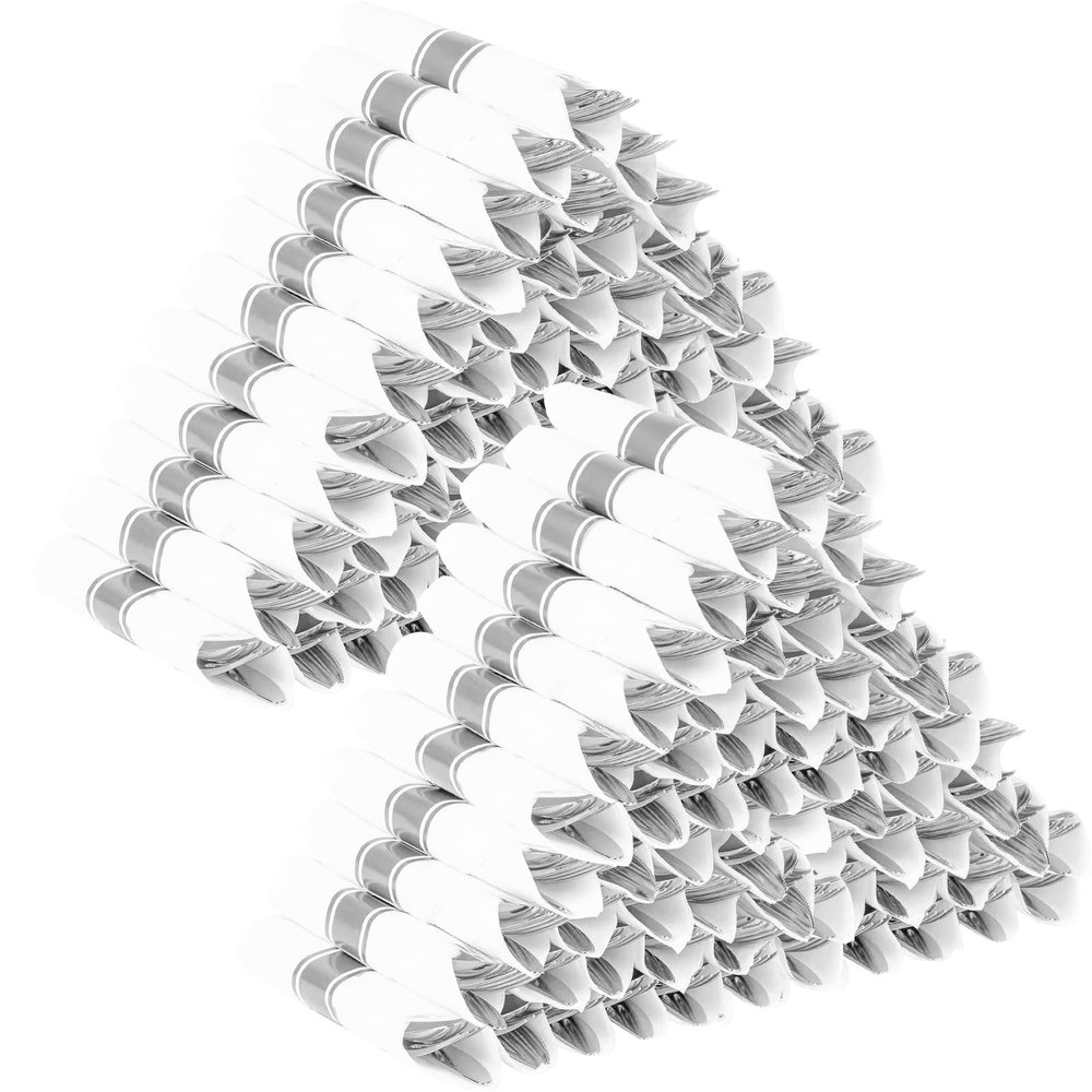 100Pack Pre Rolled Silver Plastic Silverware Sets - Heavy Duty Silver Cutlery, 400pcs Wrapped Disposable Utensils with Napkins for Parties & Dinners & Weddings
