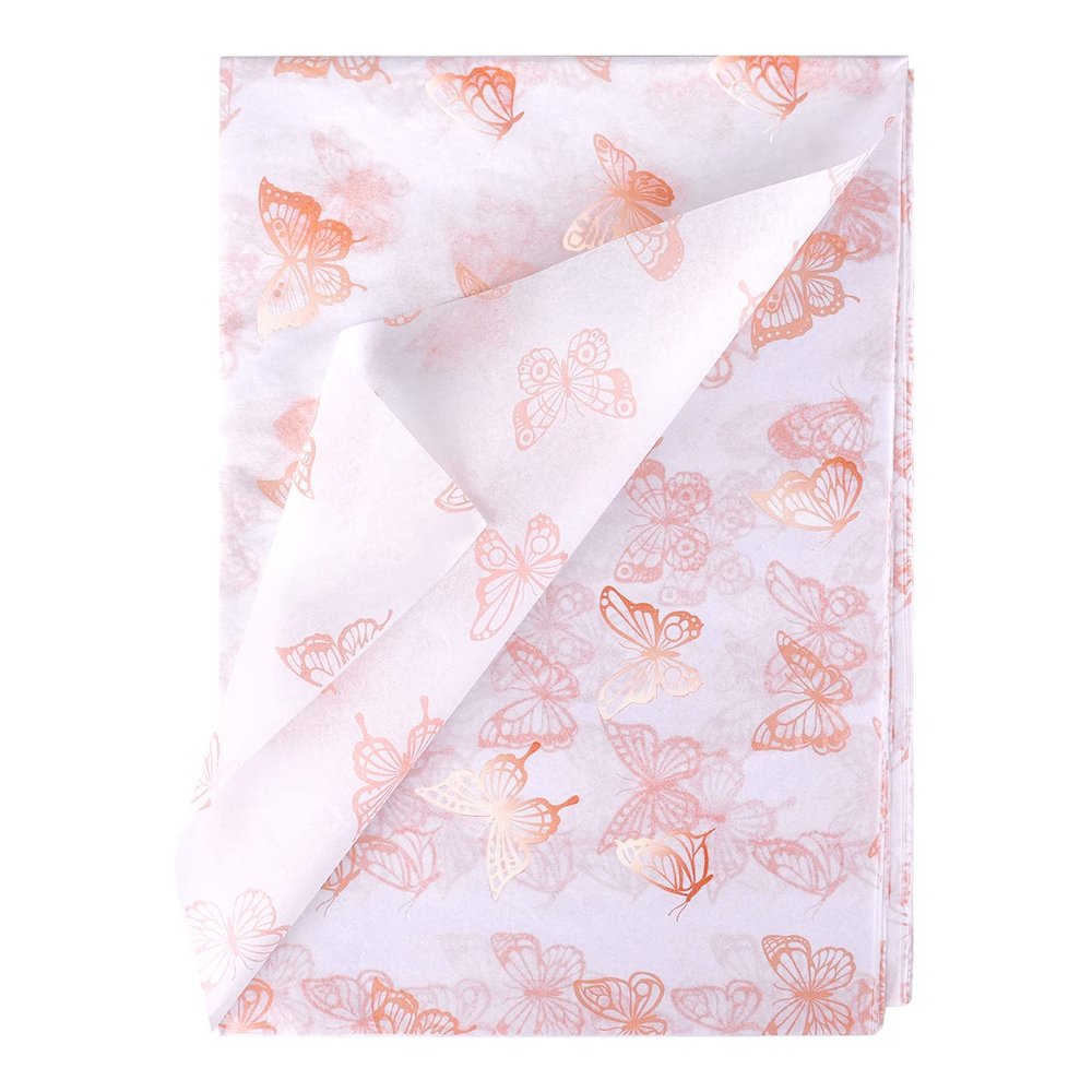 KINBOM 30pcs 35 x 50cm/ 13.8 x 19.7 inch Butterfly Tissue Paper, Rose Gold Wrapping Paper Sheets Metallic Packing for DIY Crafts Baby Showers Birthday Wedding Gift Bags