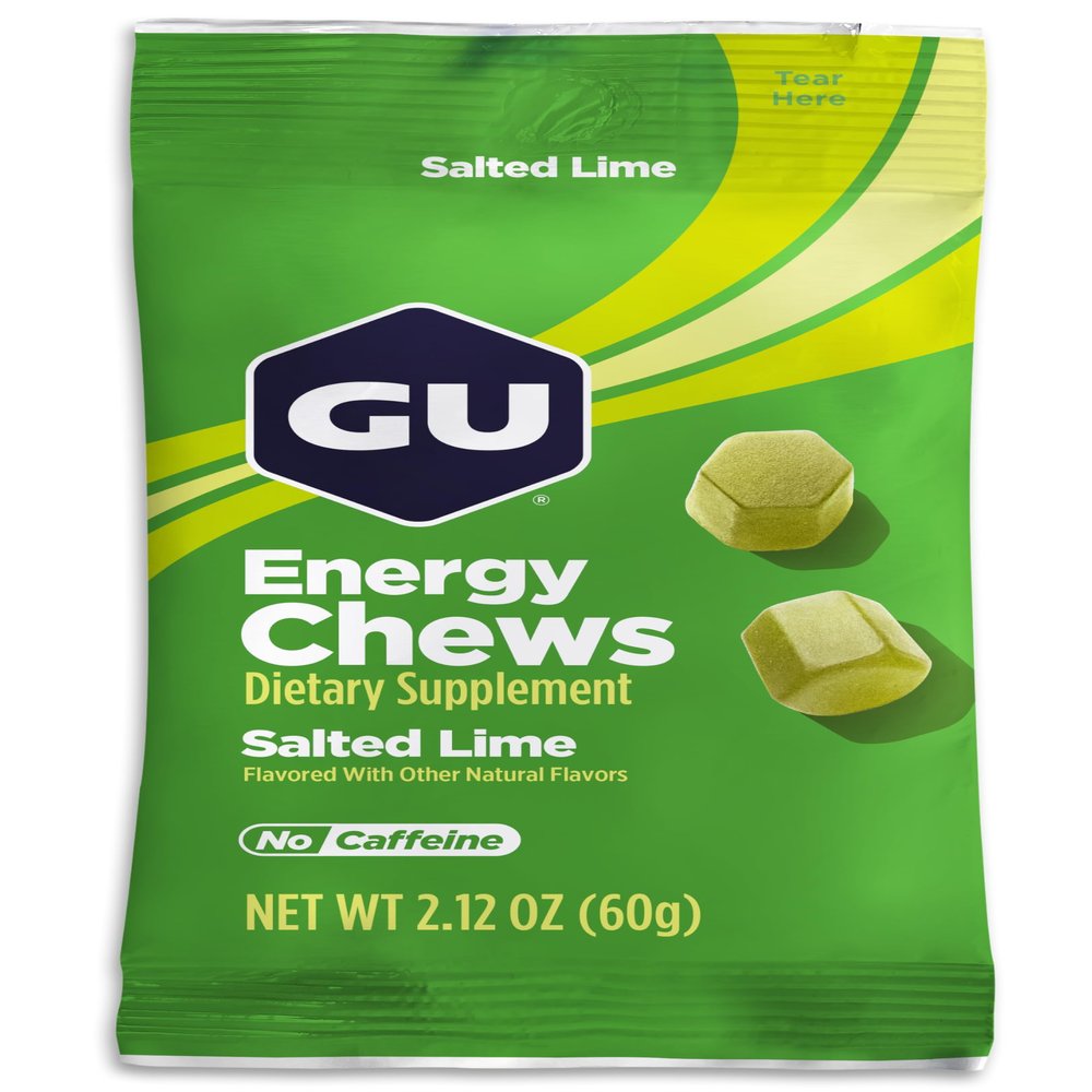 GU Energy Chews, Salted Lime Energy Gummies with Electrolytes, Vegan, Gluten-Free, Kosher, Caffeine-Free, and Dairy-Free On-The-Go Energy for Any Workout, 12 Bags (24 Servings Total)