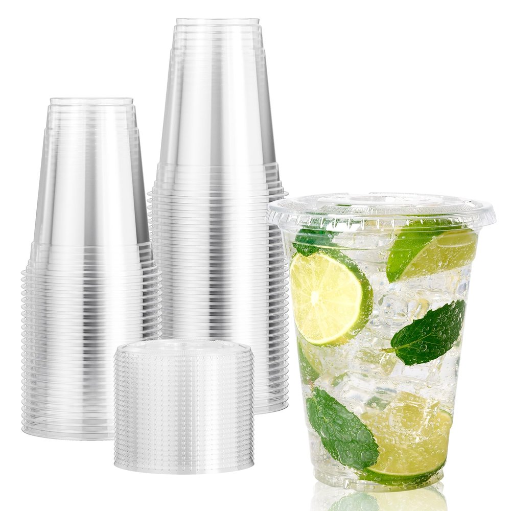 Vplus 160 Pack 20 OZ PET Clear Plastic Cups with Lids, 20 OZ Crystal Cold Disposable Drinking Plastic Cups with Flat Lids, Perfect for Ice Coffee, Smoothie, Juice
