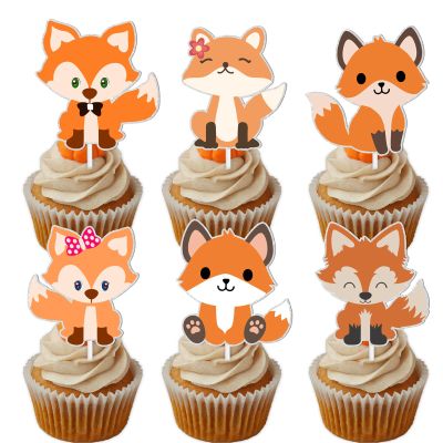 18pcs Orange Glitter Dessert Cupcake Topper Animal Fox Theme Baby Shower Boy Girl Happy Birthday Party Theme Decor Supplies